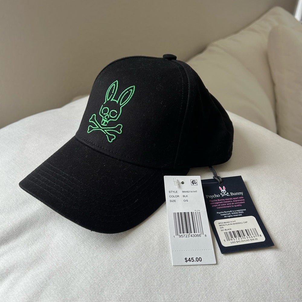 Psycho Bunny Black Hat with Neon Green Emblem